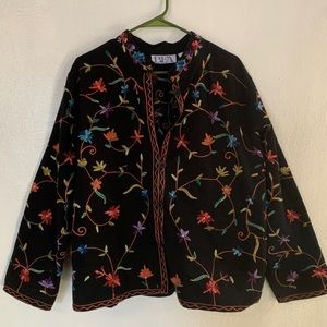 Super cute black and hand embroidered multi-colored floral jacket
